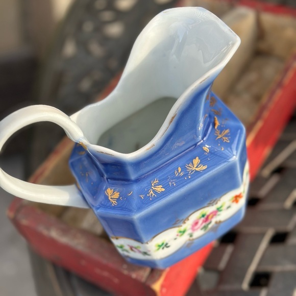 Cobalt Blue Porcelain Pitcher With Hand Painted Flowers and Gilding - Picture 3 of 9